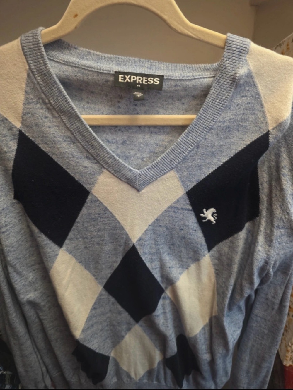 Express Light Blue and Navy Argyle V-Neck Sweater